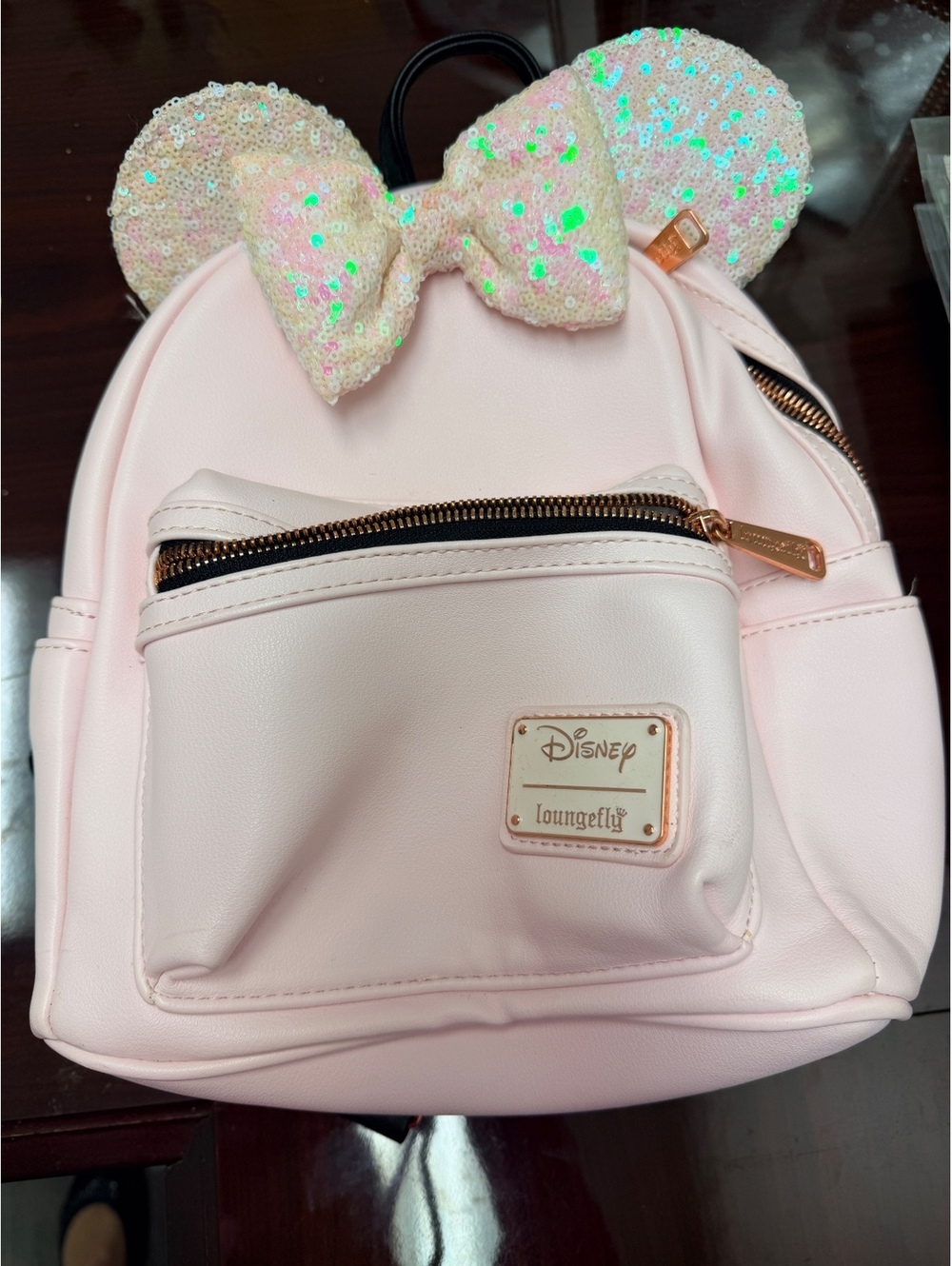 Disney Loungefly Mini Backpack with Sequin Minnie Mouse Ears and Bow - Picture 1 of 6